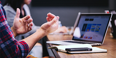 people talking at table